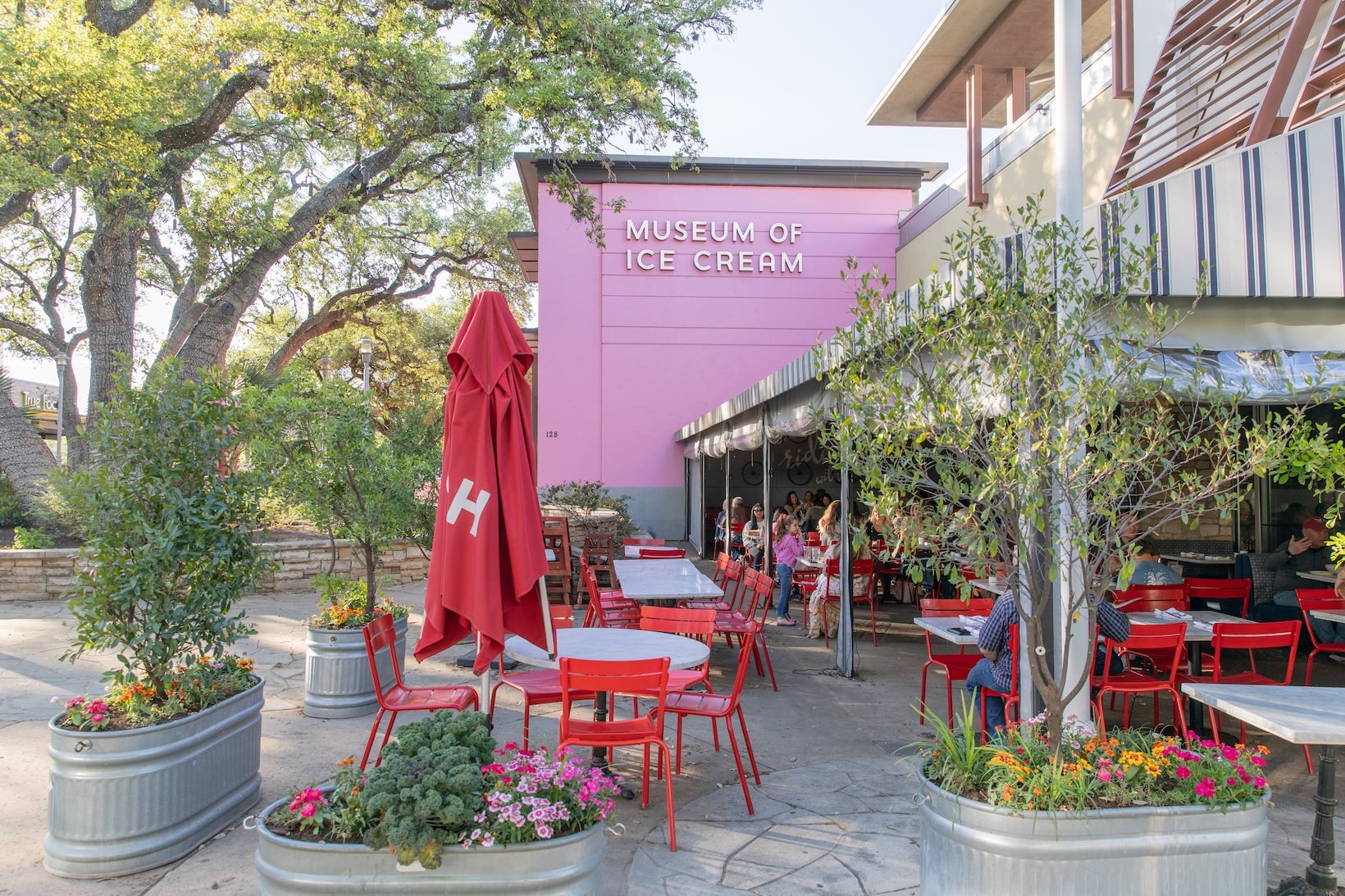 Museum of Ice Cream outdoor patio with covering and chairs and tables